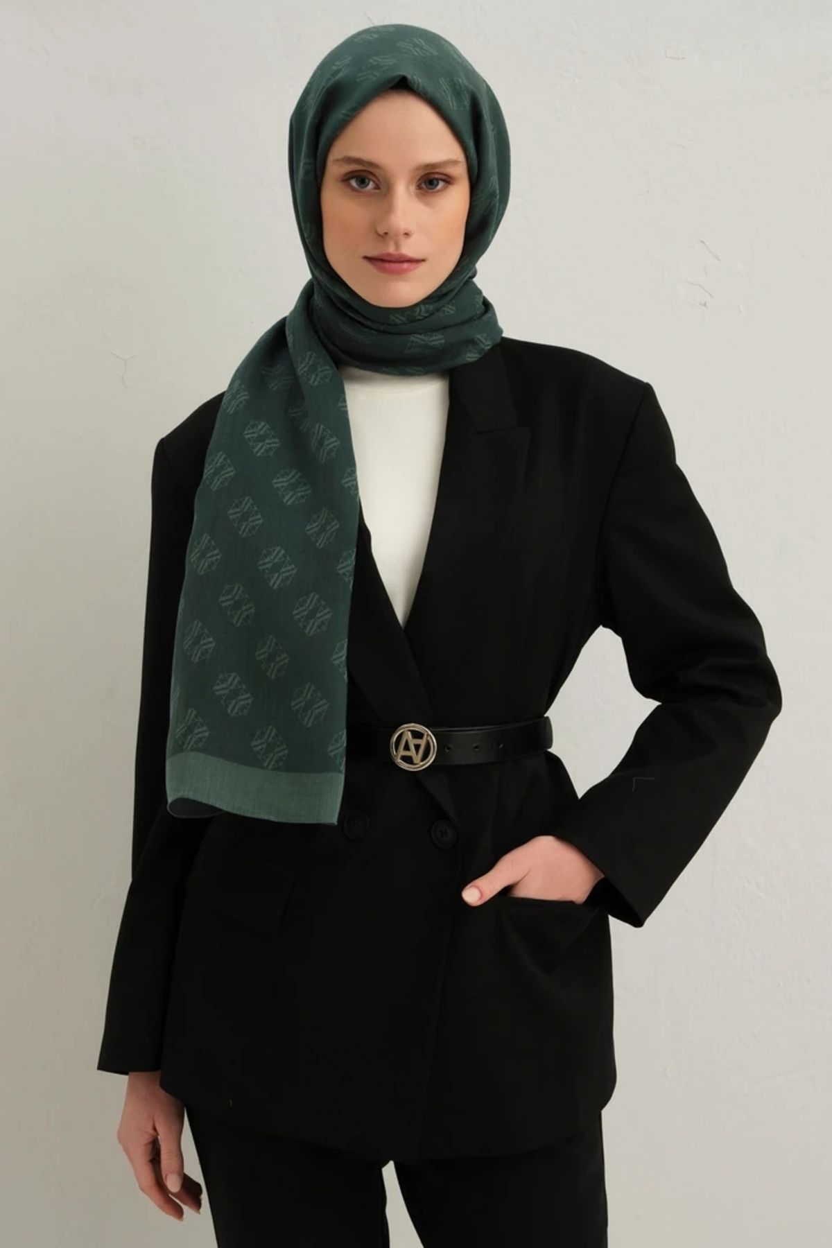 Armine Lyocell İpek Şal 1 Monogram Petrol Yeşili-3299
