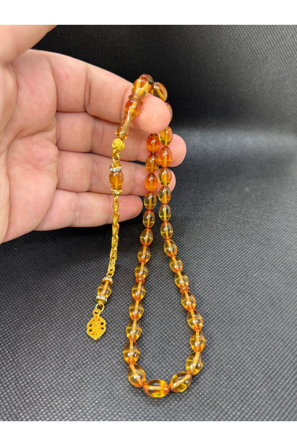 EnazStore Sarı Ateş Kehribarı Tesbih Alpaka Püsküllü