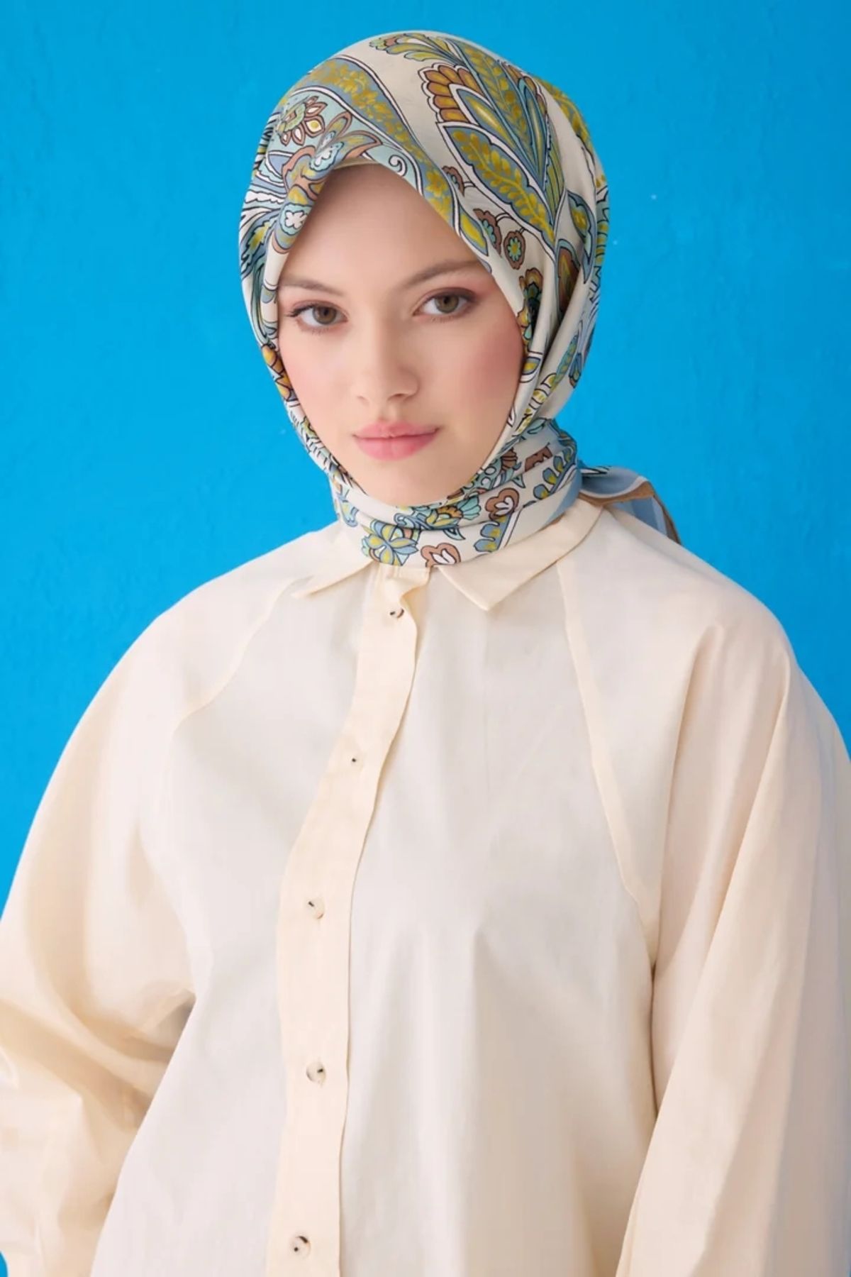 Belli Twill İpek Eşarp 4111D Etnik Desen Nohut Beji-Mint-33