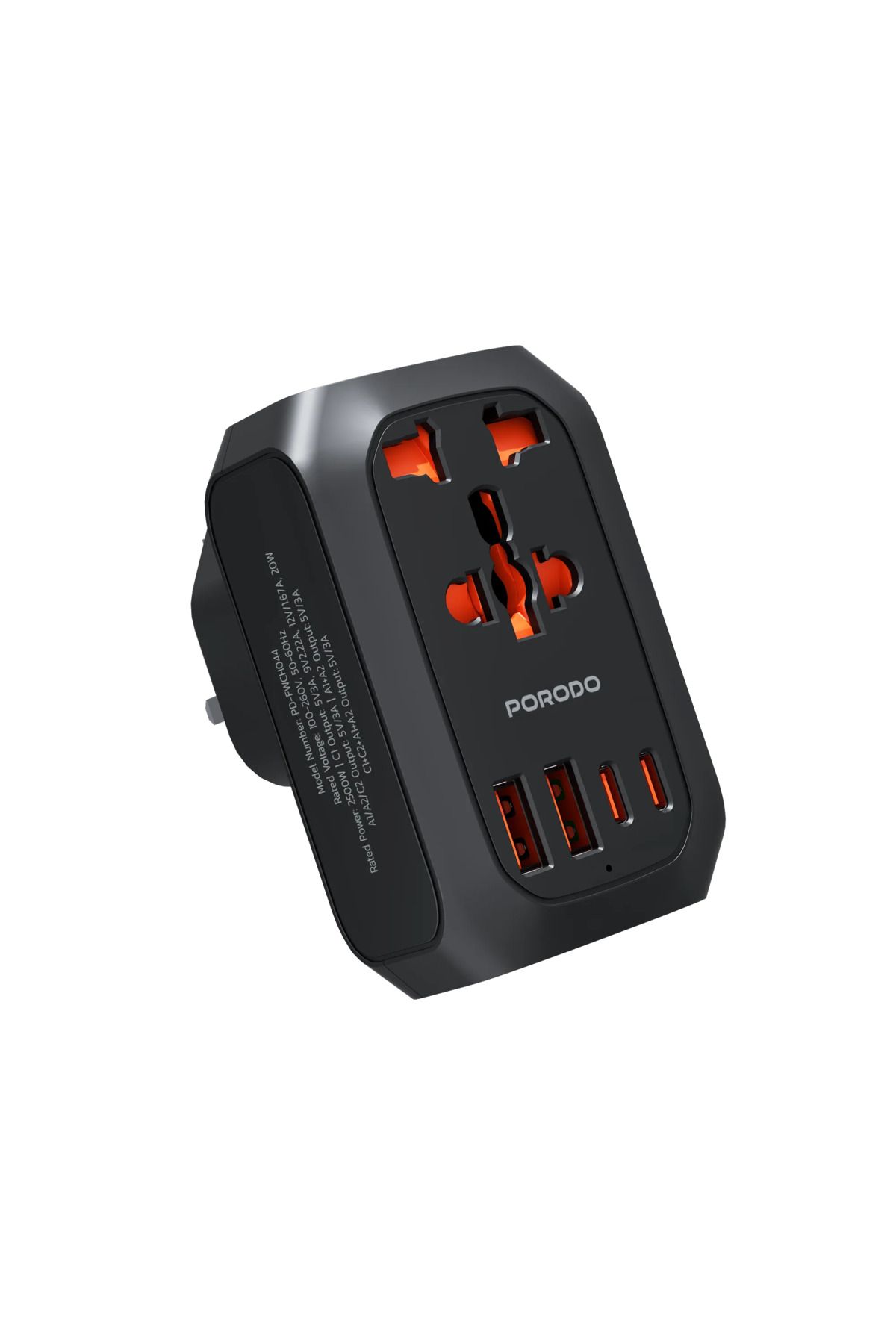 porodo Evrensel Prizli Seyahat Adaptörü, 2500W AC, PD 20W Hızlı Şarj, 2 USB-C ve 2 USB-A Portu Avrupa Fişli