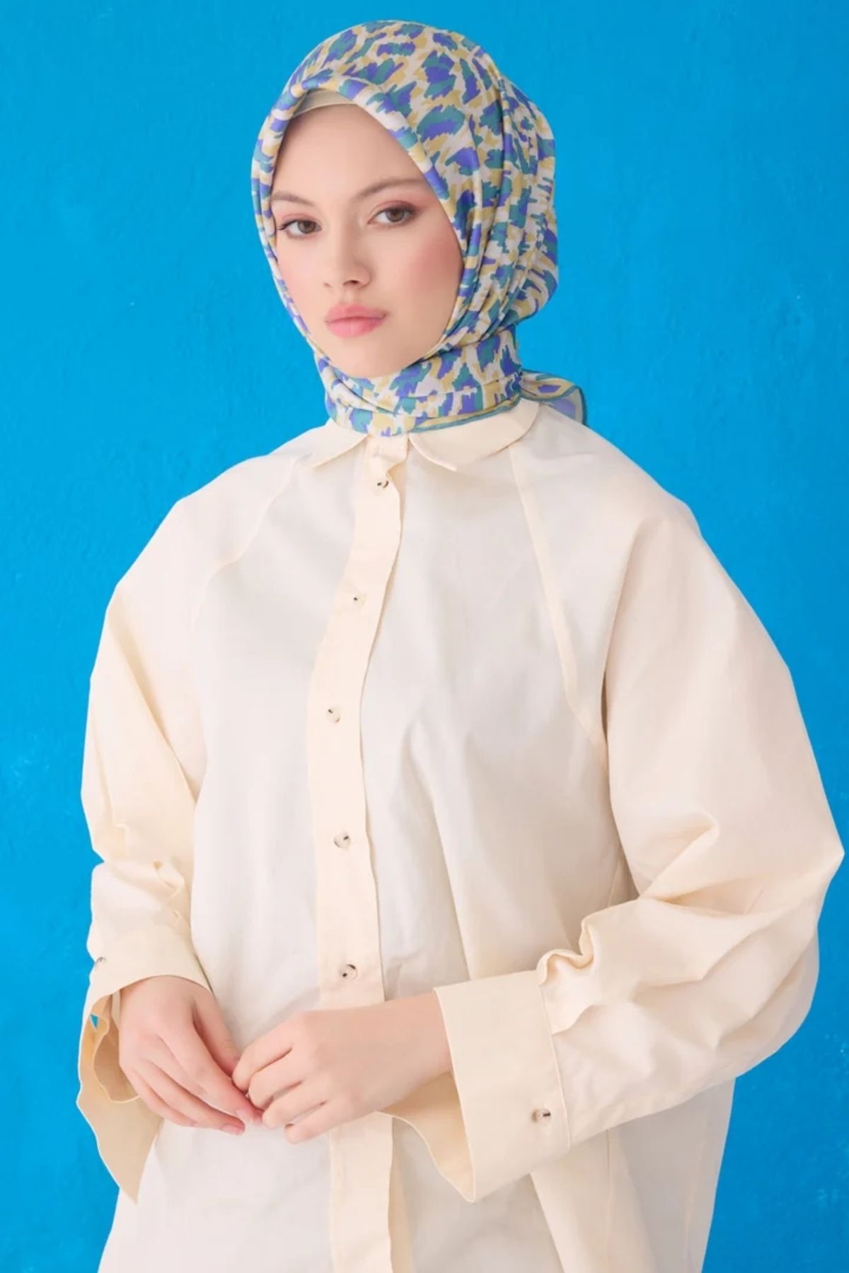 Belli Twill İpek Eşarp 4103D Batik Desen Sarı-Mint Yeşili-54
