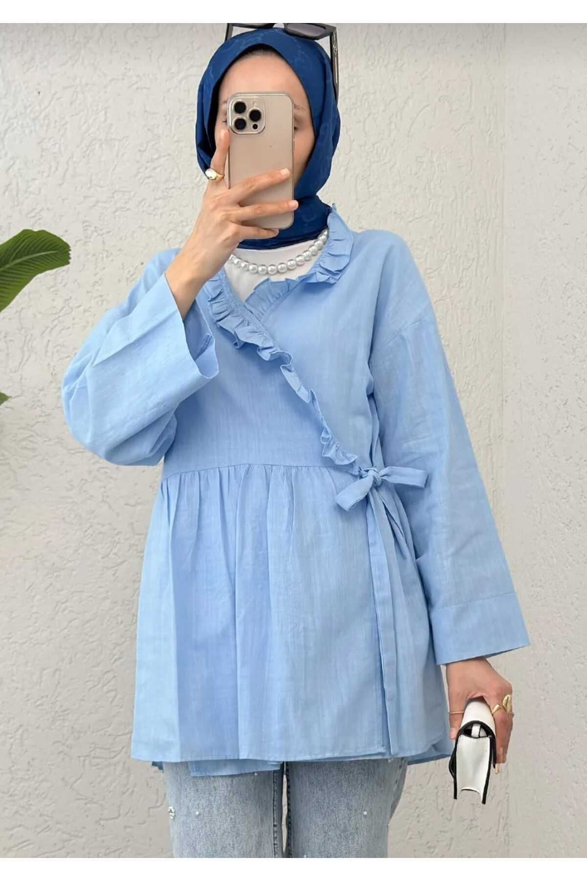 MODA VEDAT Kadın Yaka Fırfır Detaylı Keten Kimono