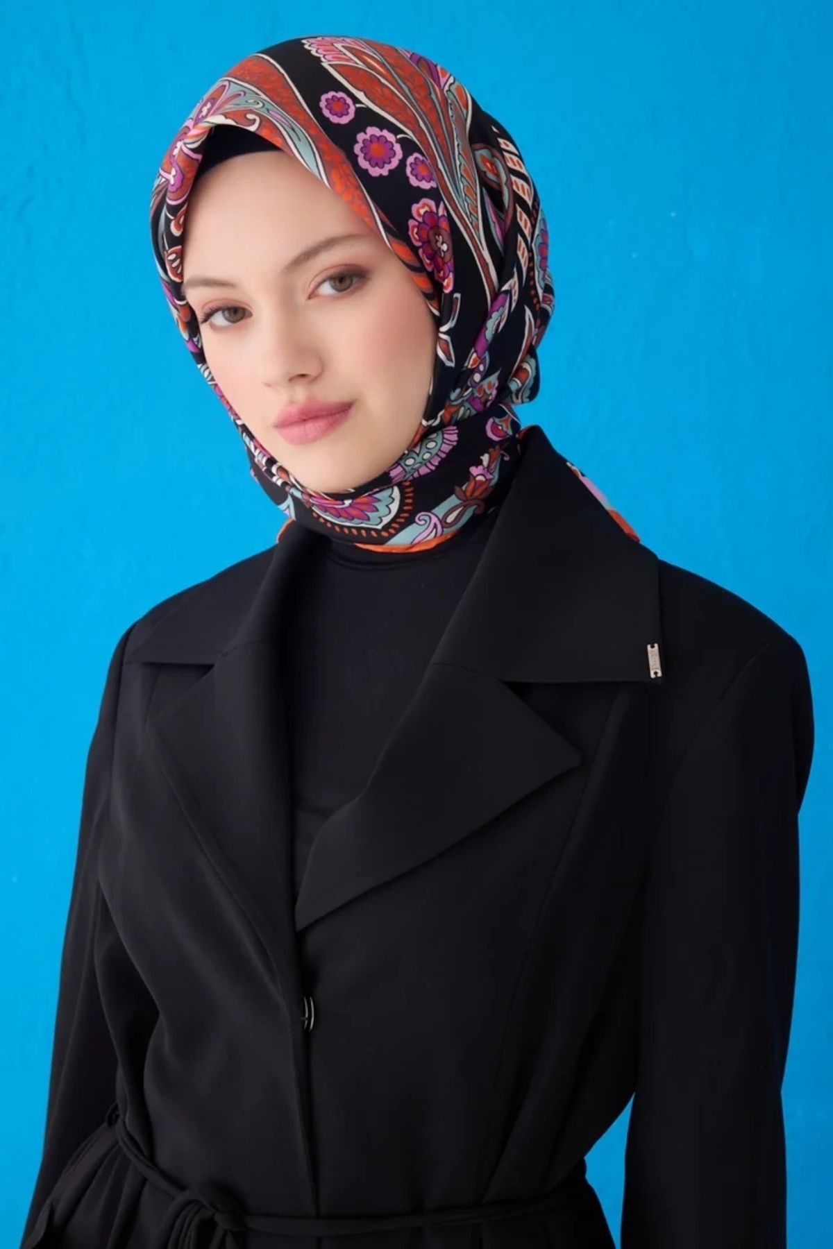 Belli Twill İpek Eşarp 4111D Etnik Desen Siyah-Pembe-38
