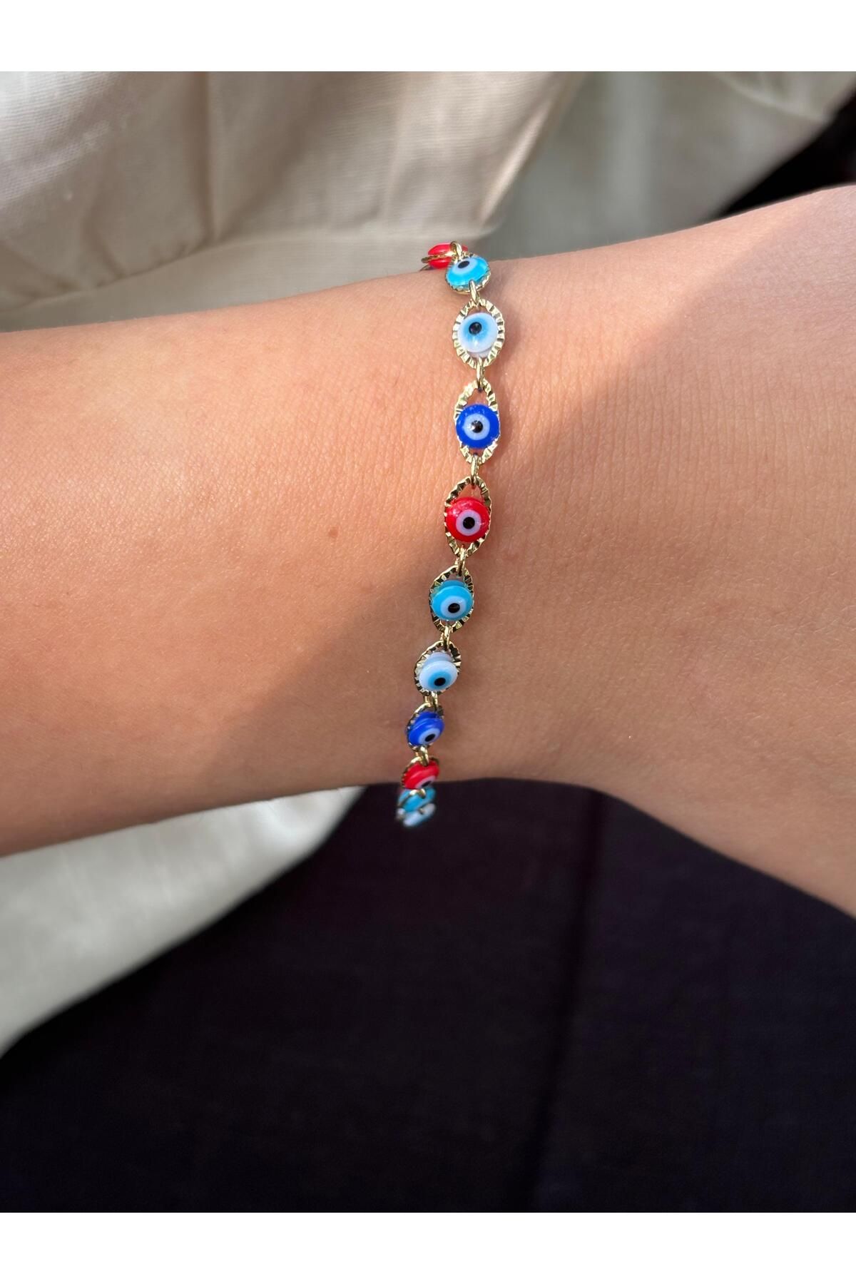 Akiha Aksesuar-Multicolored Steel Premium Bracelet with Evil Eye Beads 3