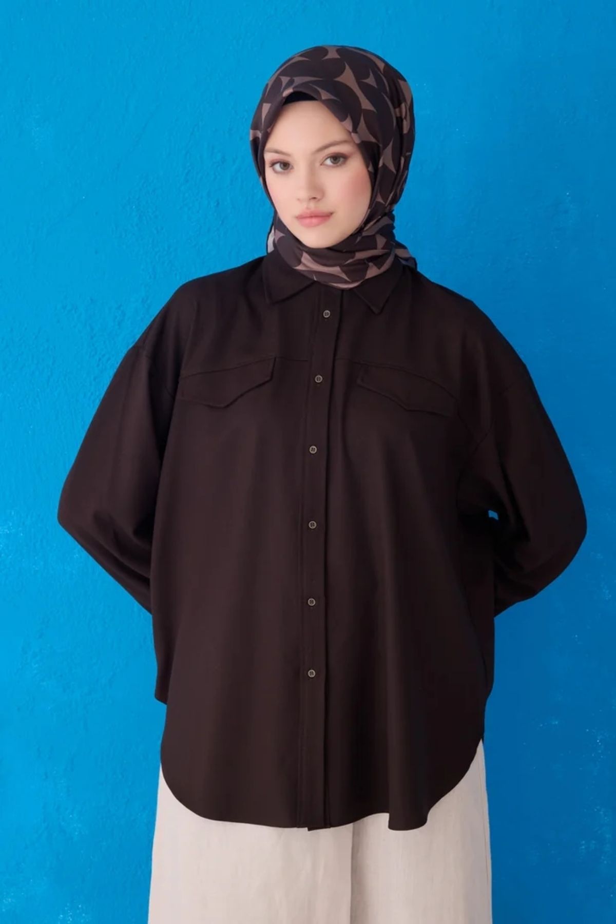 Belli Twill İpek Eşarp 4117D Geometrik Desen Acı Kahve-Vizon-86