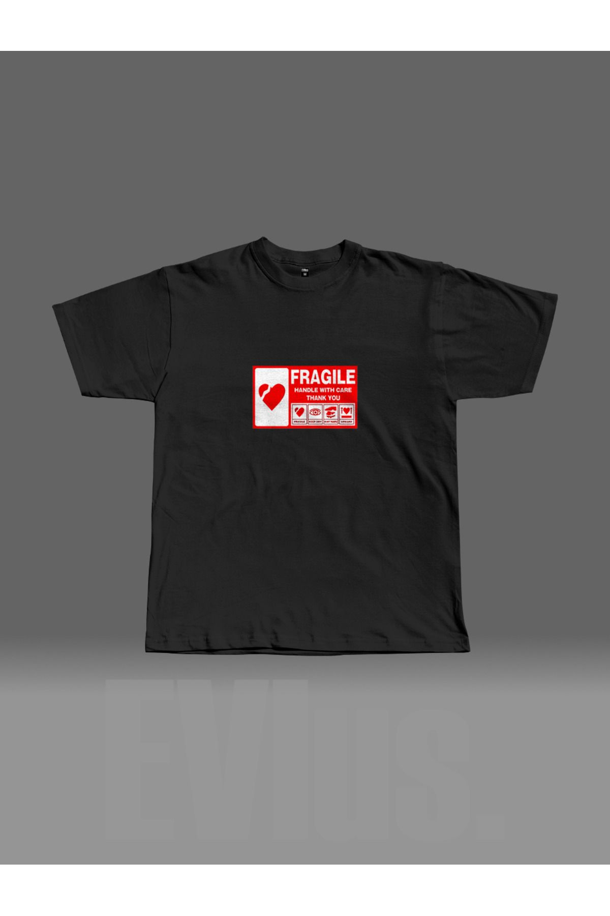 EVIus Oversize Fragile Heart Baskılı Bisiklet Yaka T-Shirt