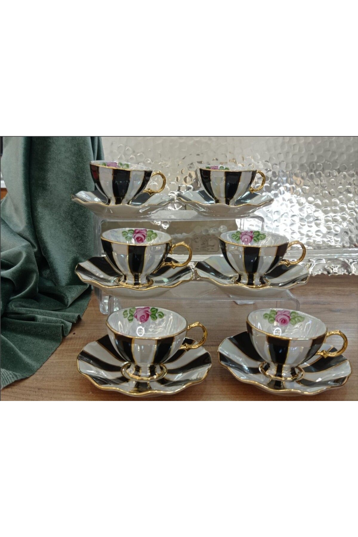 Saray Ottoman handicraft El Dekor El Boyaması Fırfırlı Piyano Kahve Fincan Seti