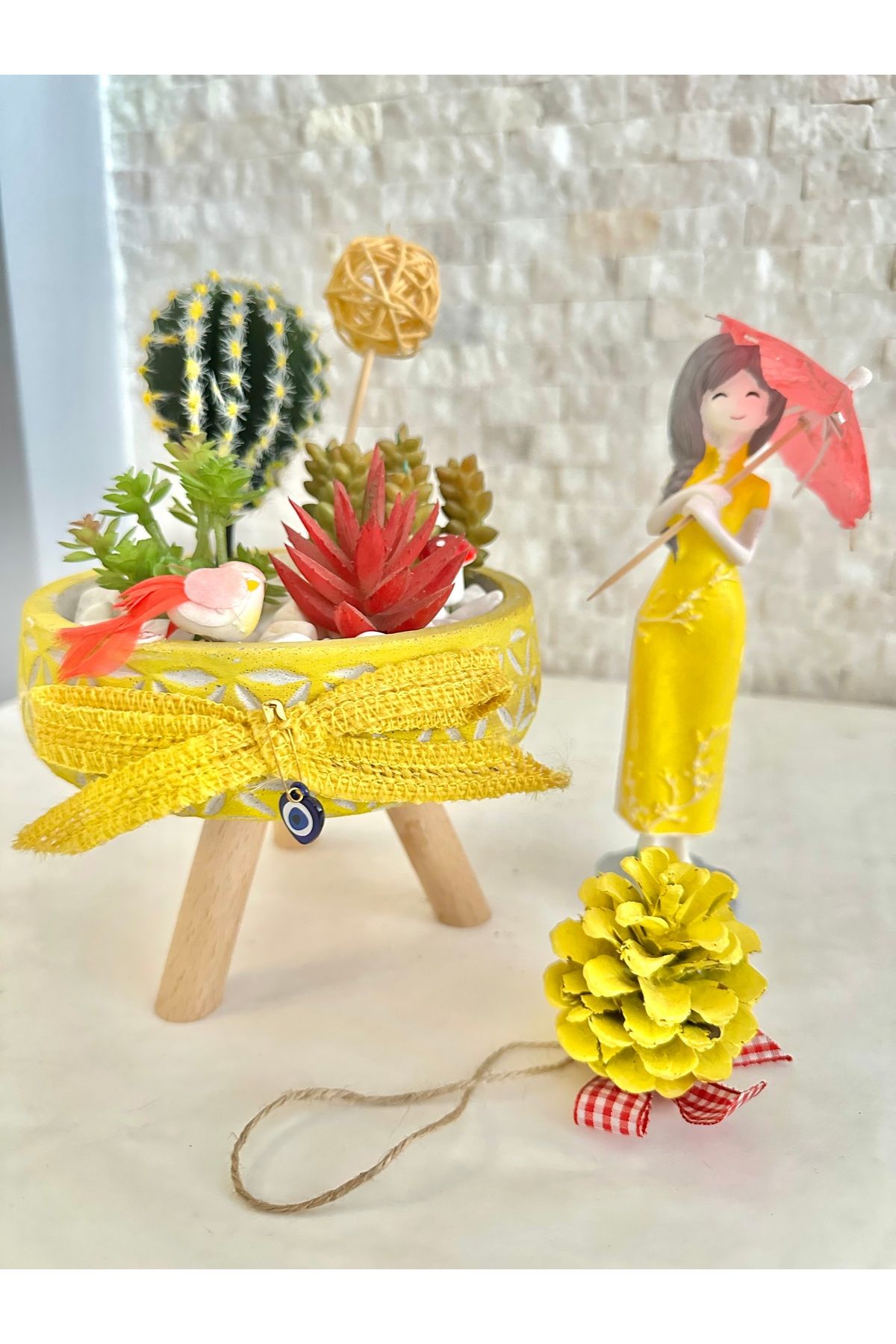 Luvi Handmade 🌵Kaktüs ve Biblo Set🪆Yapay Kalıcı Ürün! Kozalaklı