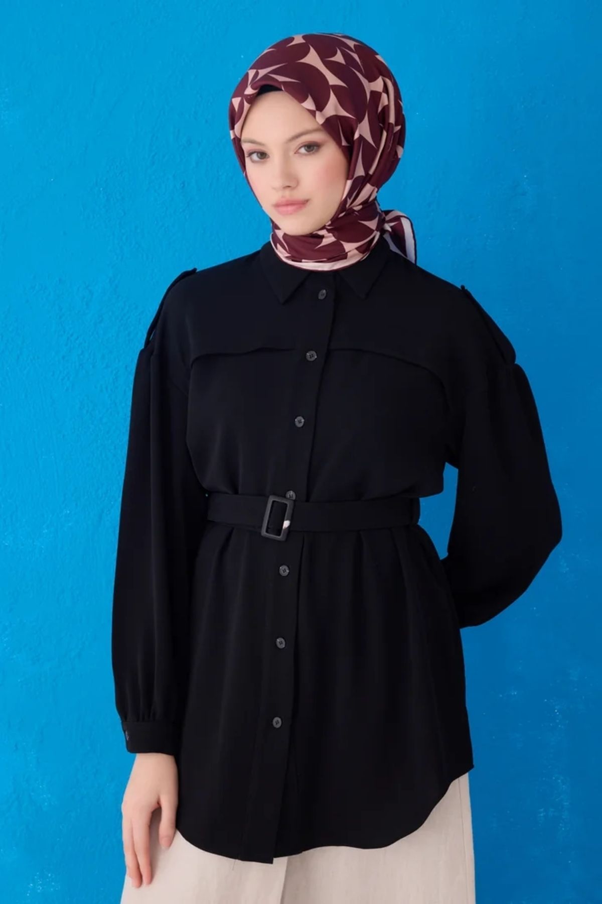 Belli Twill İpek Eşarp 4117D Geometrik Desen Bordo-Nohut Beji-30