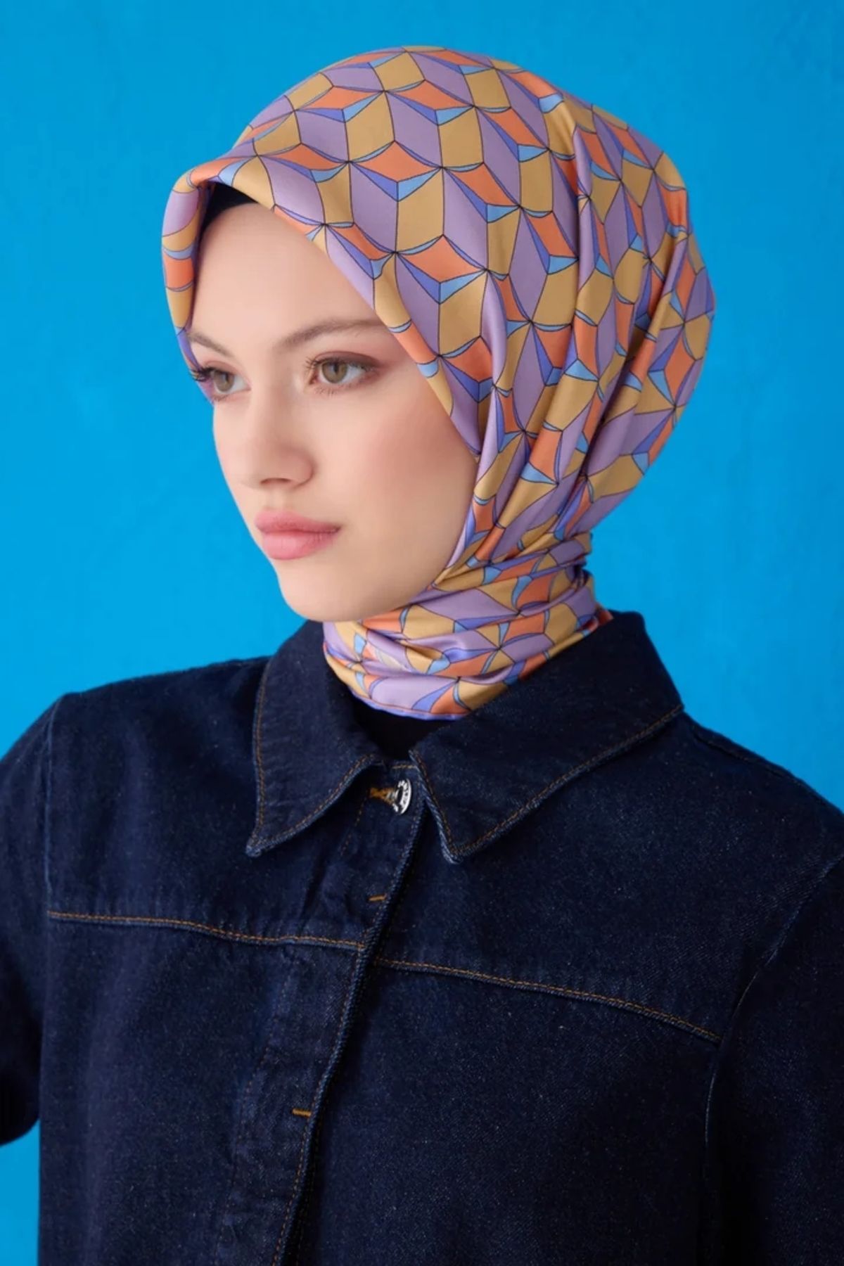 Belli Twill İpek Eşarp 4112D Geometrik Desen Lila-Turuncu-06