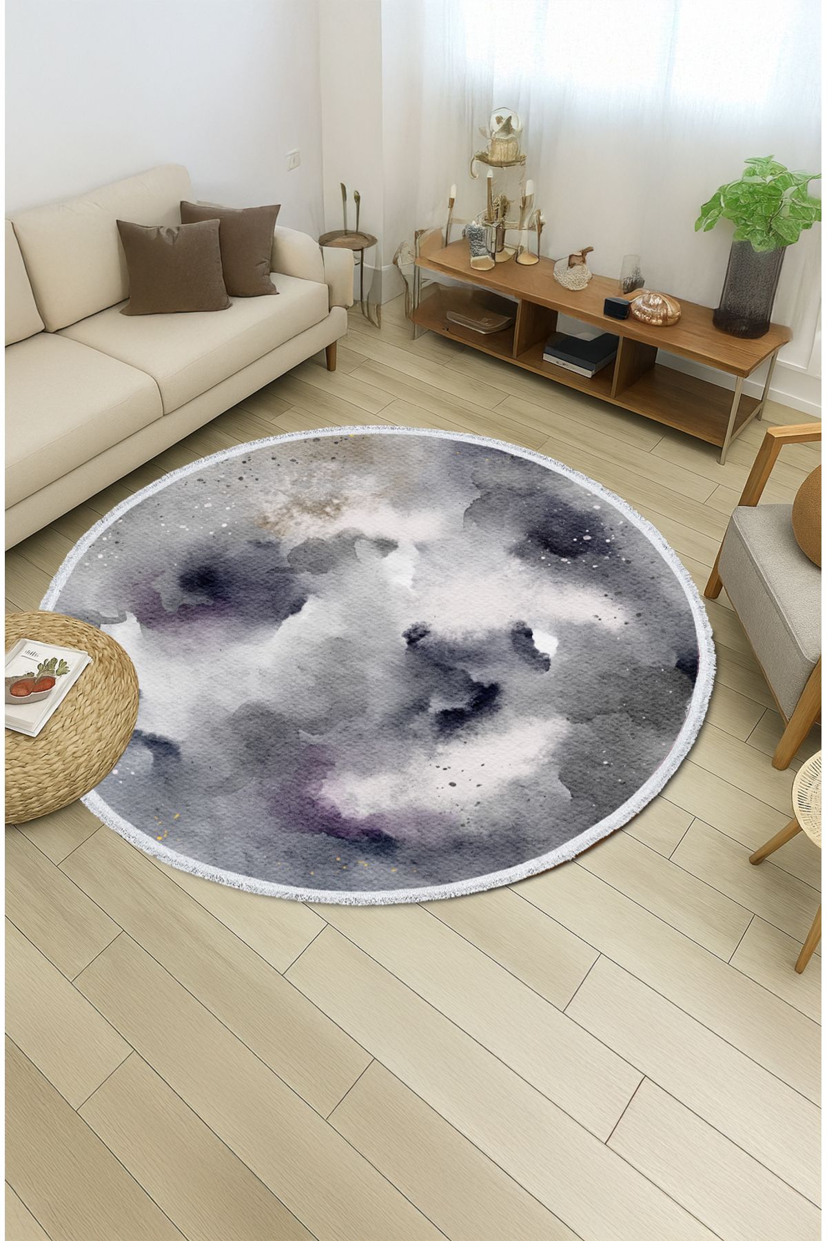 TNYLOF Gri Siyah Suluboya Desenli Yuvarlak Halı – Modern ve Şık Tasarım | 60x60 – 180x180 cm