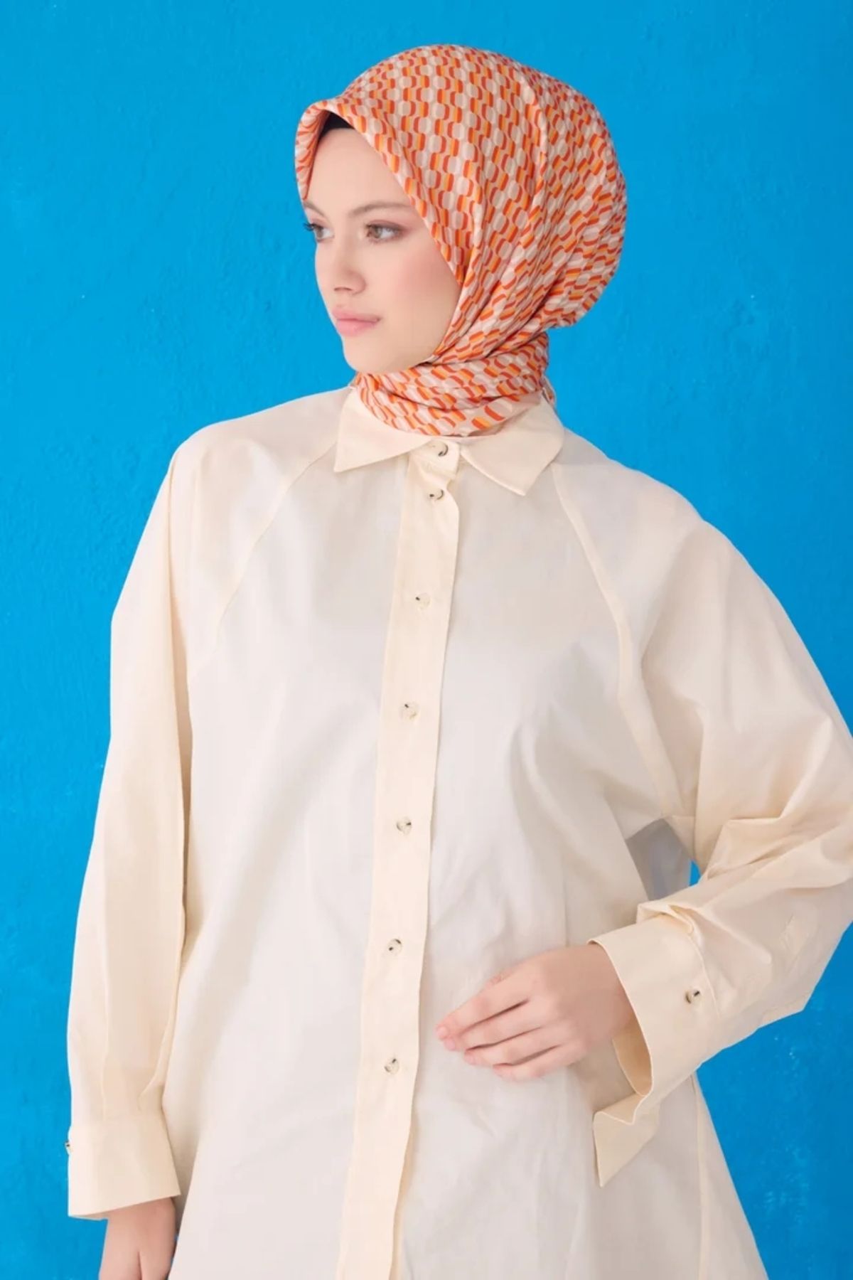 Belli Twill İpek Eşarp 4124D Zincir Desen Bej-Turuncu-38