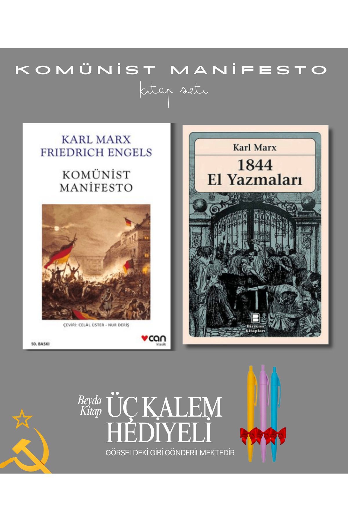 İletişim Yayınları Komünist Manifesto - 1844 El Yazmaları - Kitap Seti - Üç Kalem Hediyeli - KMNZ255