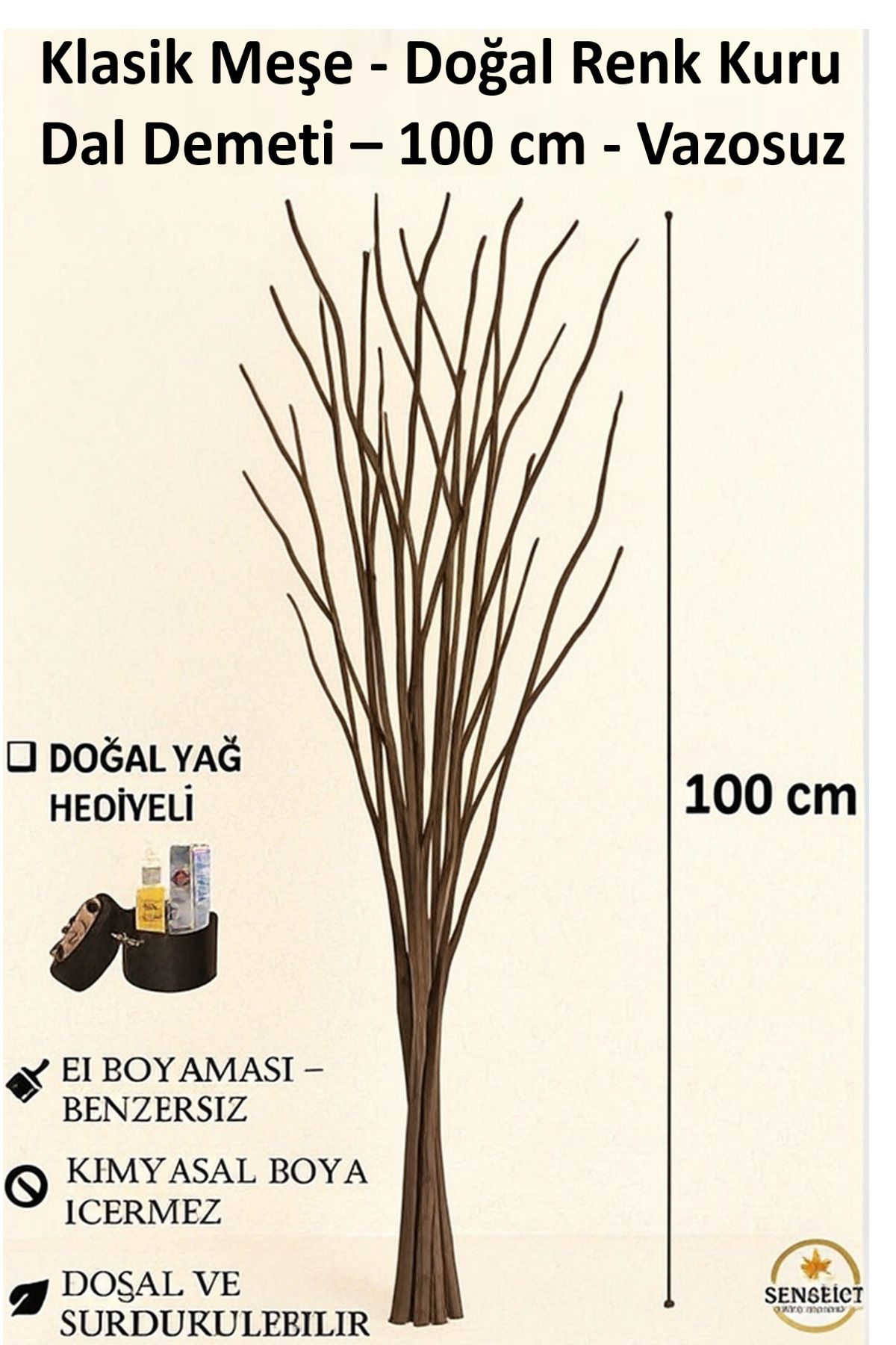 Senseist Botanicals Gerçek Kurutulmuş Ağaç Dalı Demeti | Doğal-Meşe Renk El Boyaması | 100 cm | Doğal Dekoratif Kuru Dal