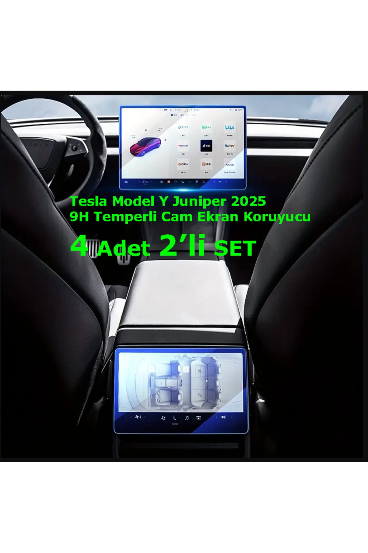 bizdeiyi Tesla Model Y Juniper 2025 Model Ön ve Arka 9H Temperli Cam Ekran Koruyucu 4 adet 2'li Set