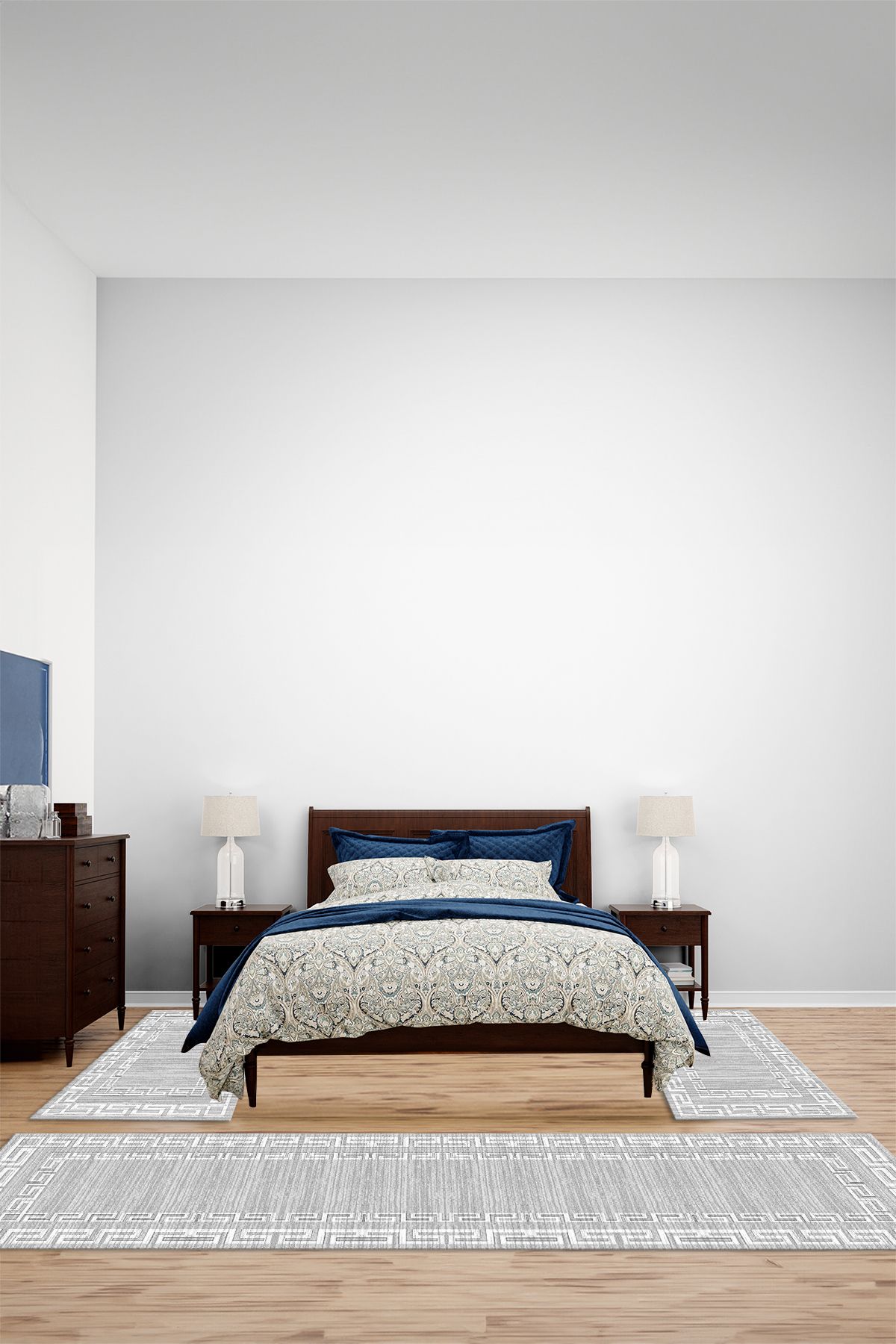 Viyana Home Dijital Kaymaz Yıkanabilir Çerçeveli Klasik Üçlü Yatak Odası Takım Halısı, YO-ÇERÇEVELİ-139-GRİ,