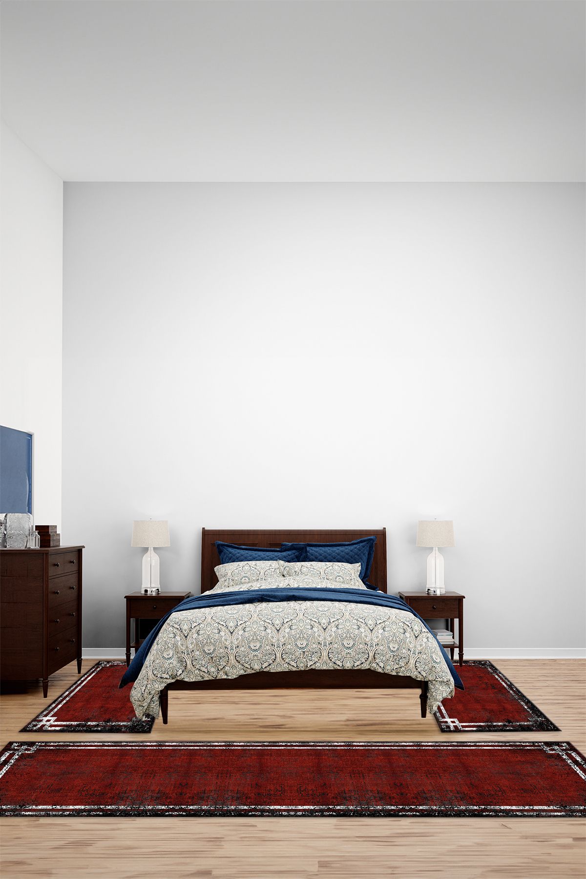Viyana Home Dijital Kaymaz Yıkanabilir Çerçeveli Üçlü Yatak Odası Takım Halısı, YO-ÇERÇEVELİ-155-KIRMIZI,