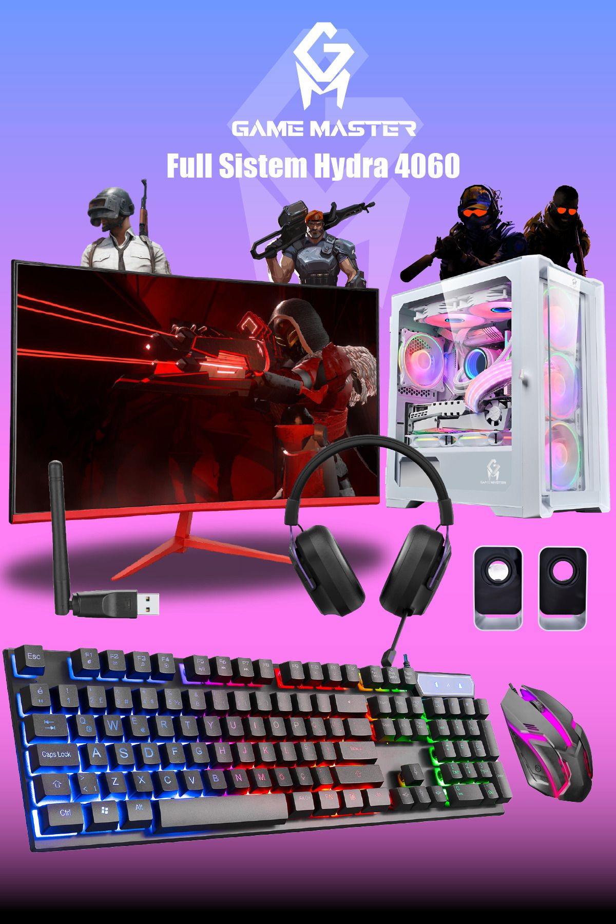 GM Game Master Hydra 4060 Full Sistem Ryzen 5 5600 16GB RAM 512GB M.2 RTX4060 23.8" 165hz Monitör Beyaz Gaming Pc
