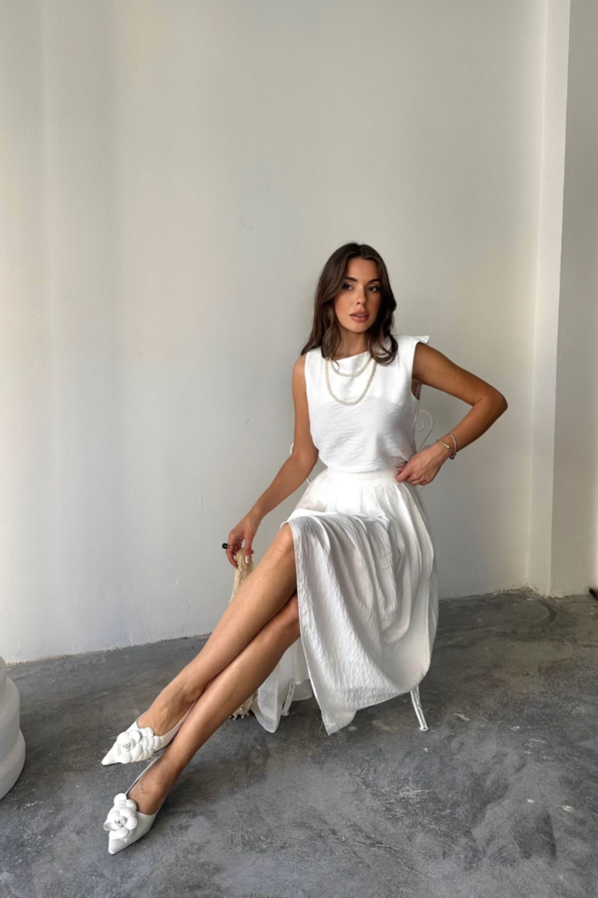D&M Life Collection KETEN KOLSUZ BLUZ - MAXİ ETEK TAKIM - Beyaz - L