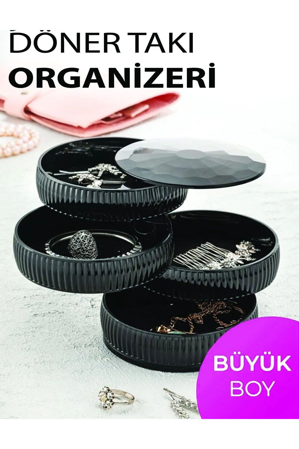 MİNGODAN 4 Katlı Döner Takı Organizeri - Takı Kutusu Organizer - 360 Döner Plastik Takı Organizatör Kutusu