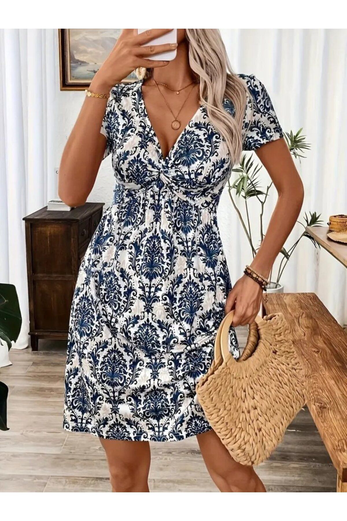 D&M Life Collection Kadın Kısa Kollu V çapraz Yaka Detaylı Desenli Süprem Elbise - L-XL - Desenli