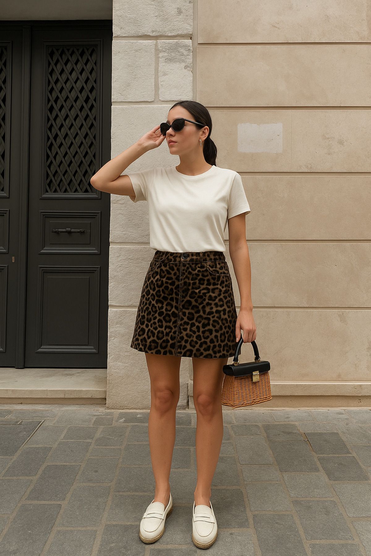 Hotfashion Leopar Desenli Denim Mini Etek
