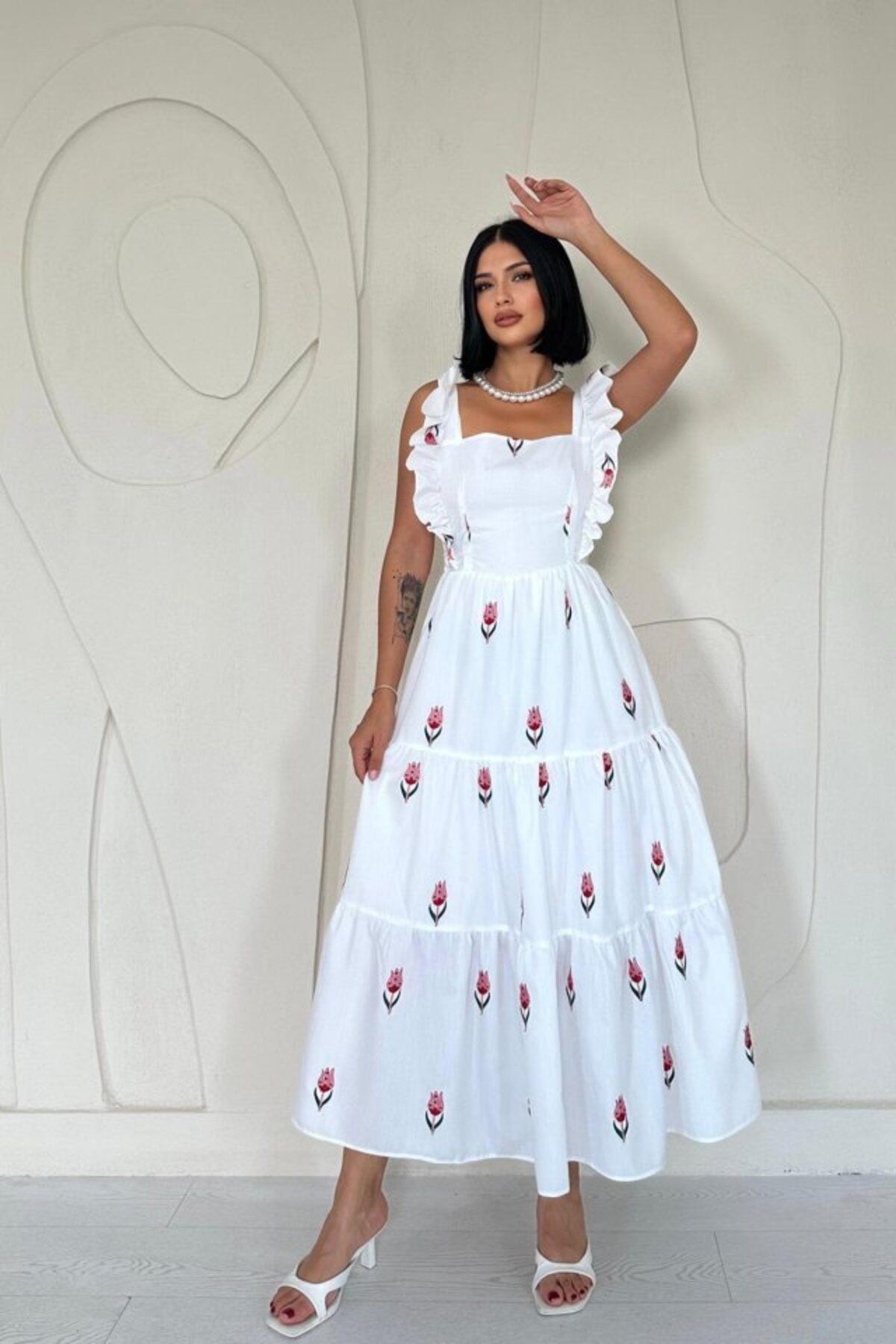 D&M Life Collection Kırmızı Sıfır Kol Fırfırlı Elbise