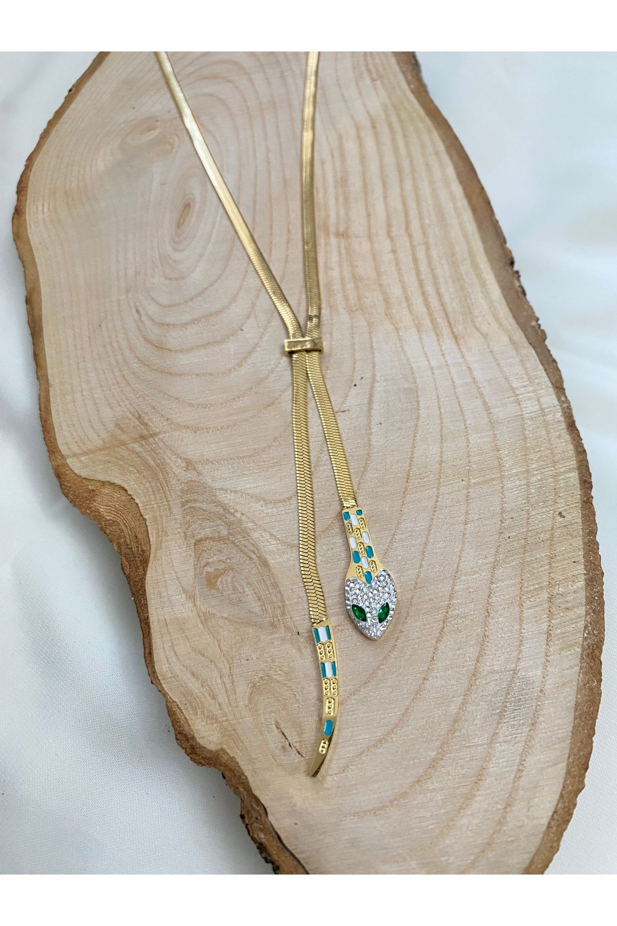 asem jewelry GOTİK YILAN TEMALI ZİRKON TAŞLI GOLD RENK ÇELİK KOLYE