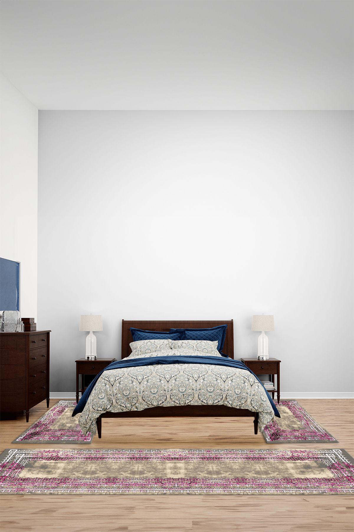 Viyana Home Dijital Kaymaz Yıkanabilir Çerçeveli Etnik Üçlü Yatak Odası Takım Halısı, YO-ÇERÇEVELİ-142-PEMBE,