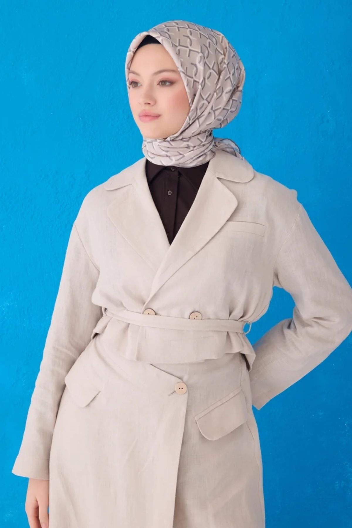 Belli Twill İpek Eşarp 4102D Geometrik Desen Bej-Krem-83