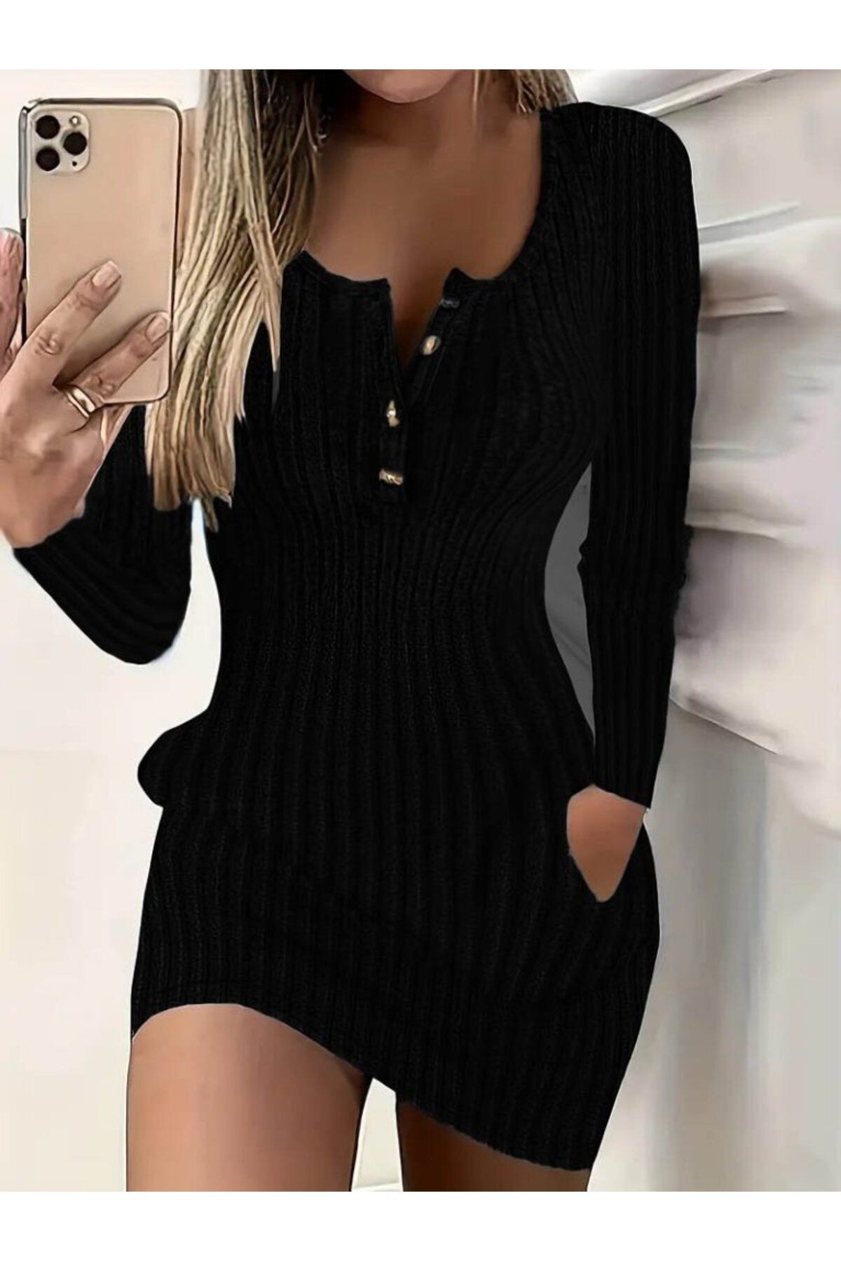 D&M Life Collection Kadın Uzun Kollu Yakası Açık Düğme Ve Cep Detaylı Kısa şardonlu Kaşkorse Elbise - 2XL-3XL - Siyah