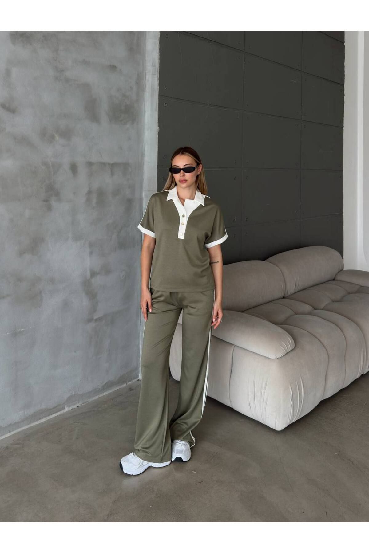 YONEZ MODA Kadın Modal Kumaş Düğme Detaylı Tişört Pantolon Takım