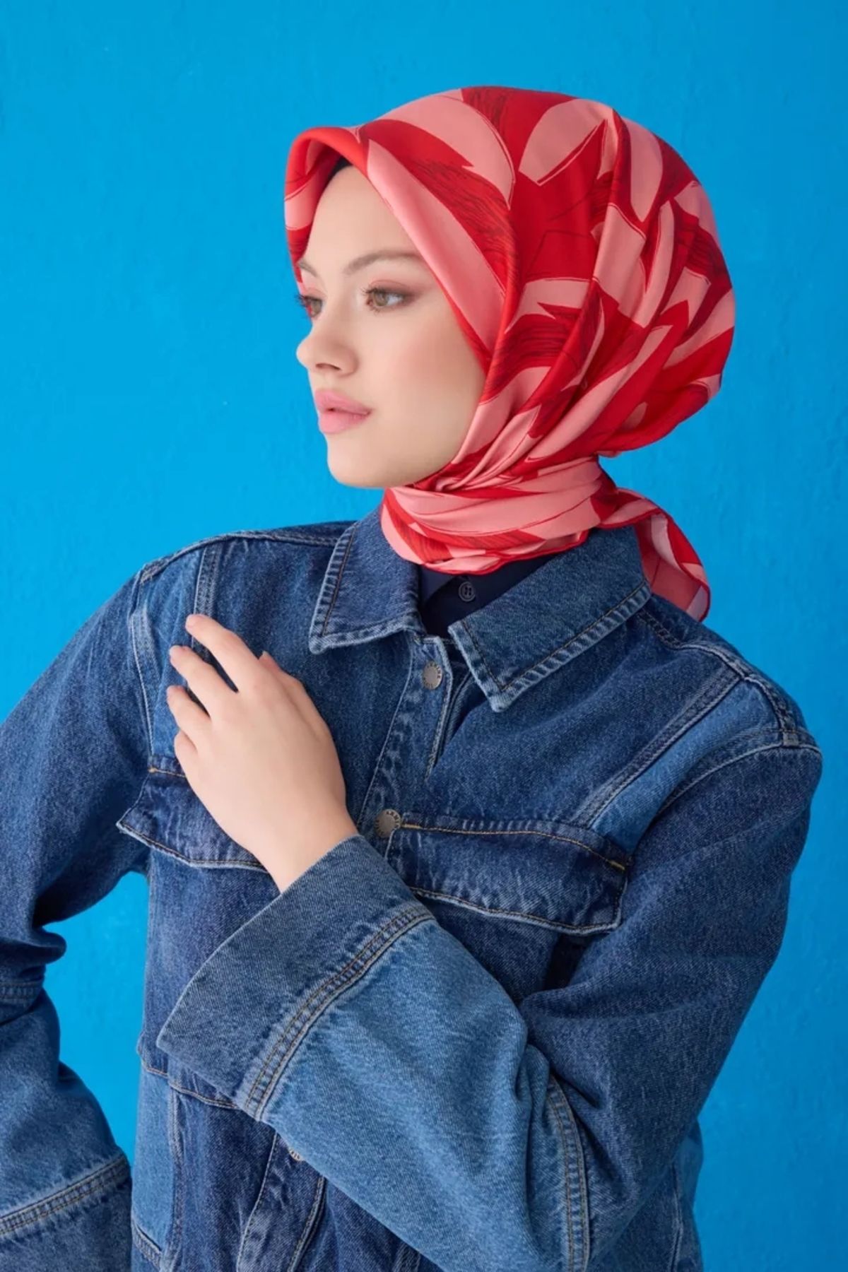 Belli Twill İpek Eşarp 4123D Yaprak Desen Mercan-Pudra-38