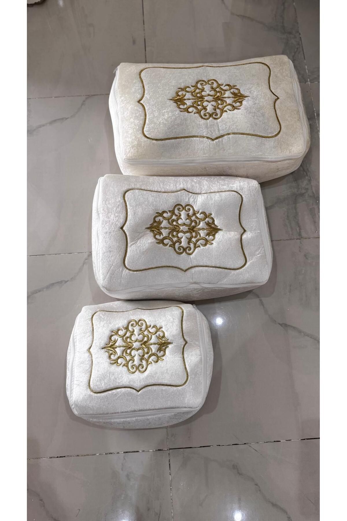 HAYRAN HOME Çeyizlik Kadife Gold Işlemeli 3'lü Krem Bohça Nişan Gelin Damat Hurcu
