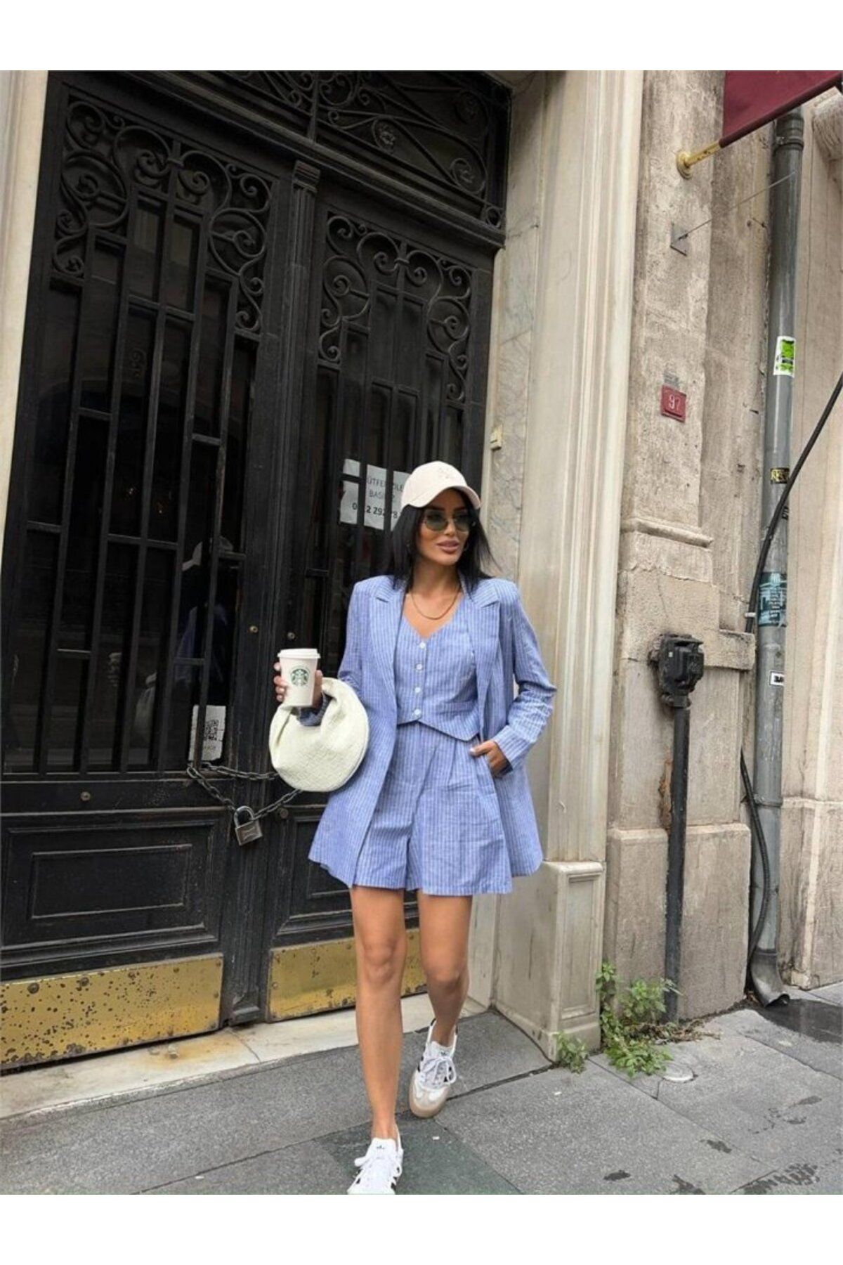 D&M Life Collection ÇİZGİLİ KETEN CEKET YELEK ŞORT TK - Mavi - L