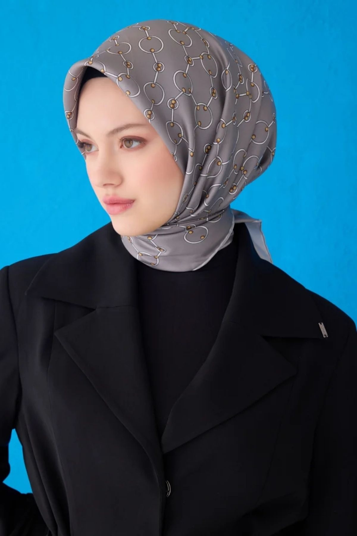 Belli Twill İpek Eşarp 4109D Zincir Desen Gri-31