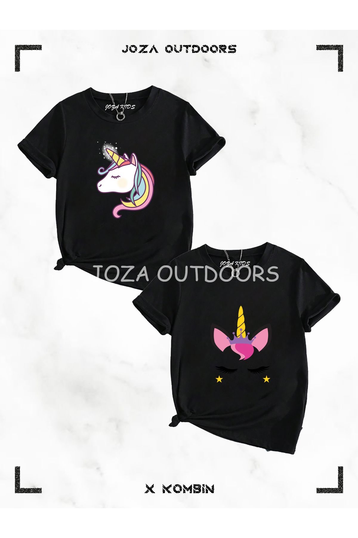 Joza Outdoors Kız Unicorn Baskılı Çocuk 2'li Siyah Beyaz T-shirt Set Takım