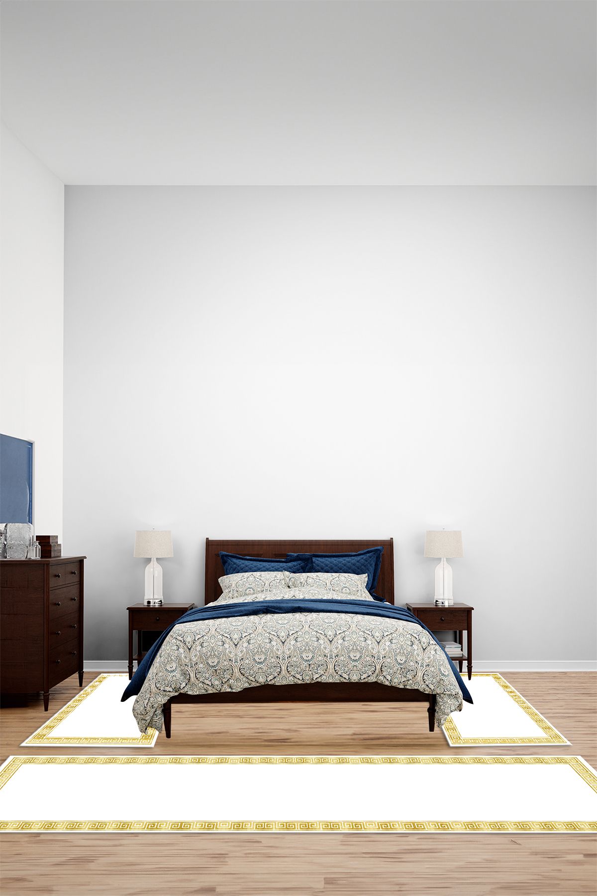 Viyana Home Dijital Kaymaz Yıkanabilir Çerçeveli Üçlü Yatak Odası Takım Halısı, YO-ÇERÇEVELİ-162-BEYAZ,