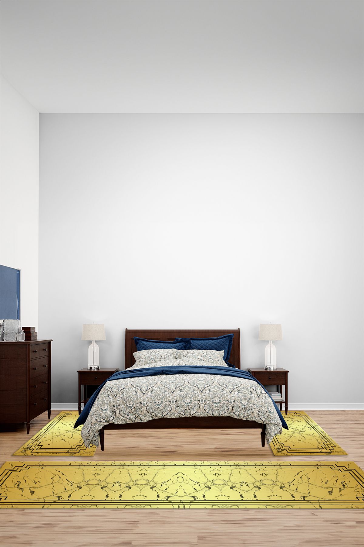 Viyana Home Dijital Kaymaz Yıkanabilir Çerçeveli Mermer Üçlü Yatak Odası Takım Halısı, YO-ÇERÇEVELİ-179-GOLD,