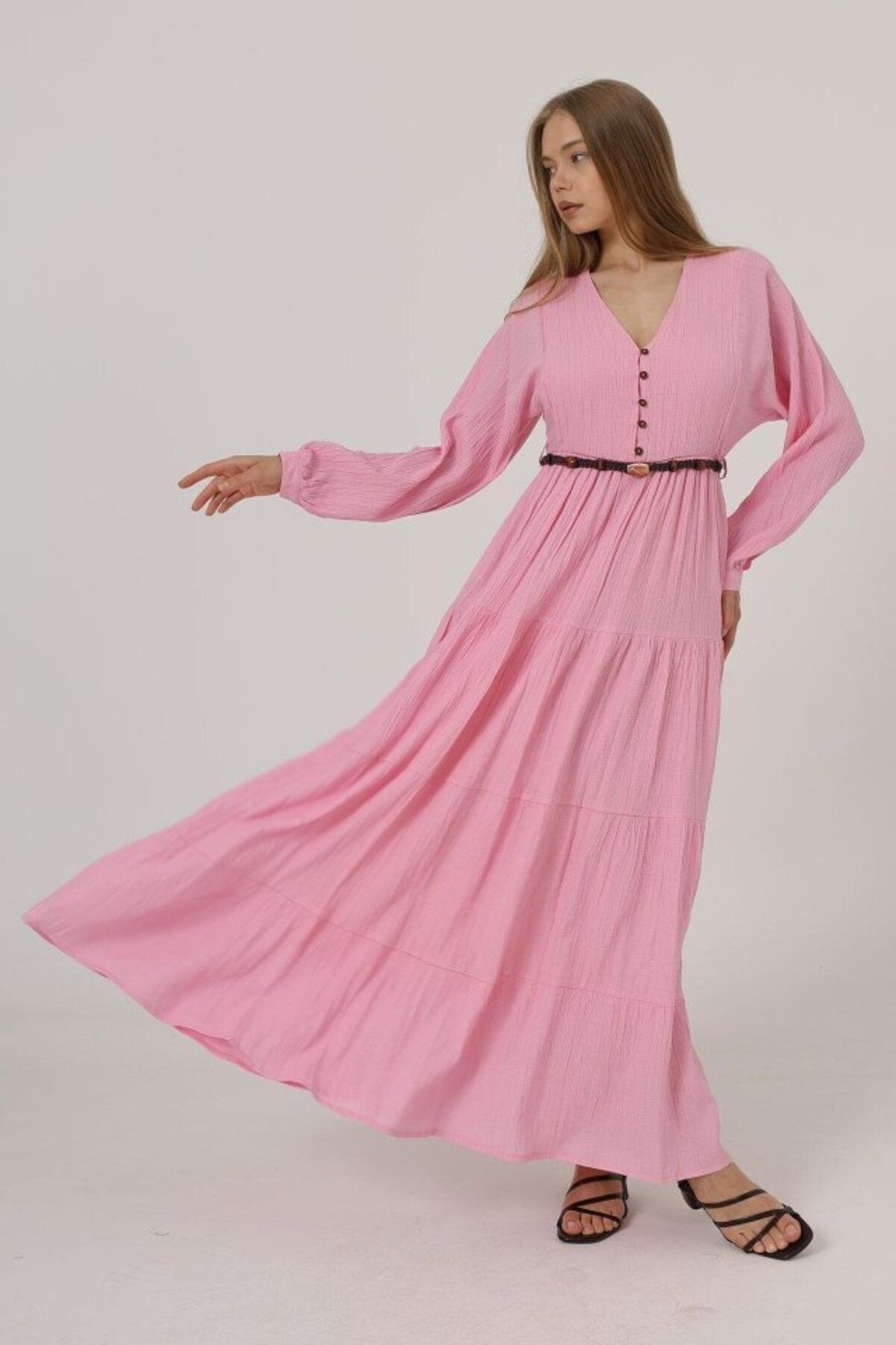 D&M Life Collection Önü Yarım Düğmeli Uzun Kol Kemerli Elbise - Pembe - M