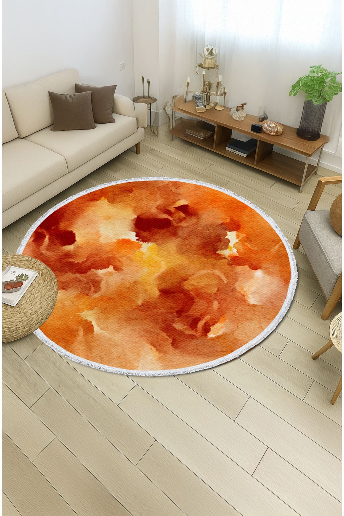 TNYLOF Turuncu Suluboya Desenli Yuvarlak Halı – Canlı & Sıcak Tonlar | 60x60 – 180x180 cm