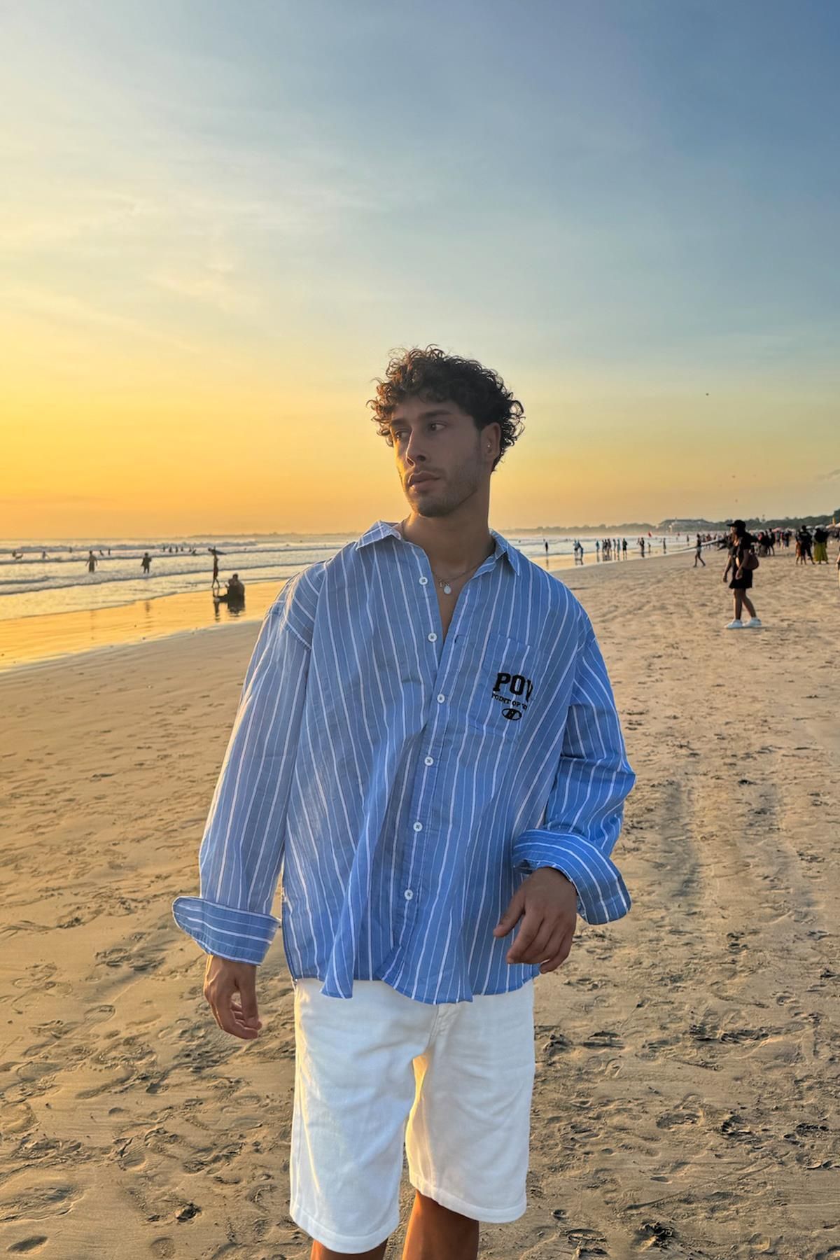 Flaw Wear Point Of View Nakışlı Çizgili Mavi Oversize Gömlek