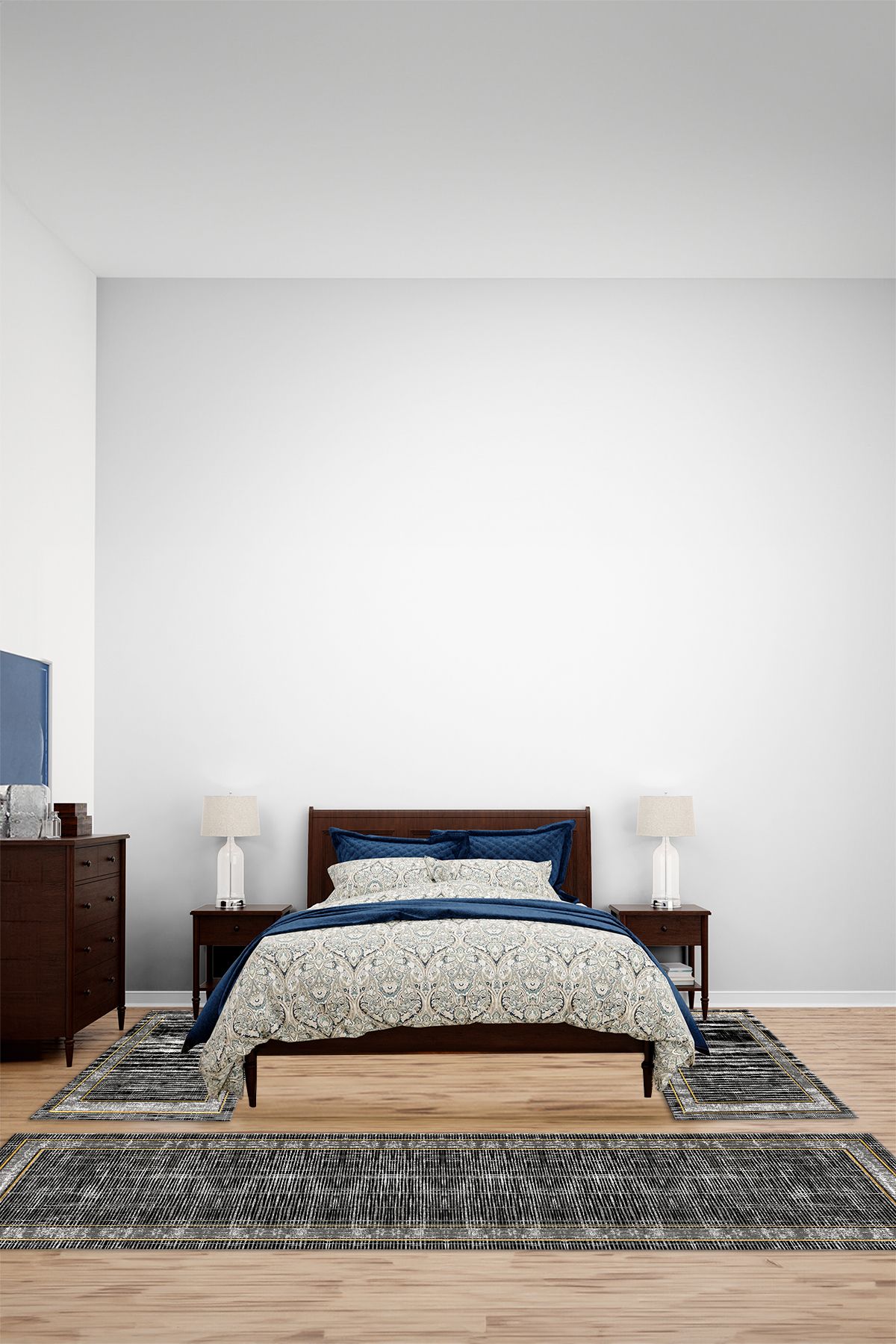 Viyana Home Dijital Kaymaz Yıkanabilir Çerçeveli Sade Üçlü Yatak Odası Takım Halısı, YO-ÇERÇEVELİ-190-SİYAH,