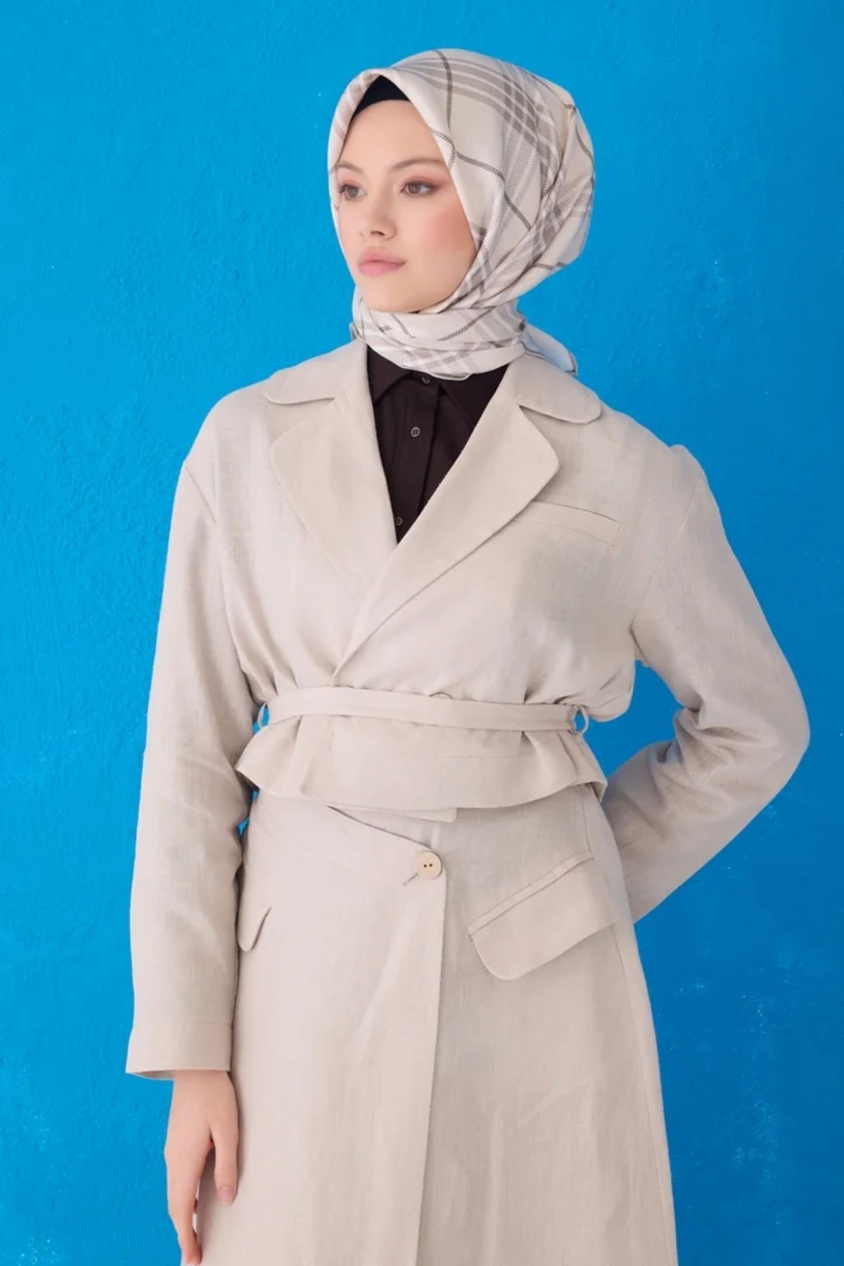 Belli Twill İpek Eşarp 4122D Ekose Desen Krem-82