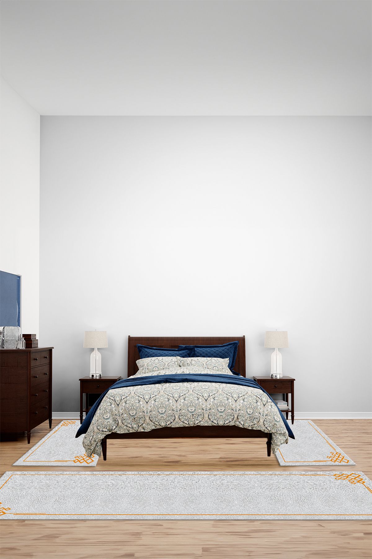 Viyana Home Dijital Kaymaz Yıkanabilir Çerçeveli Klasik Üçlü Yatak Odası Takım Halısı, YO-ÇERÇEVELİ-152-TURUNCU,