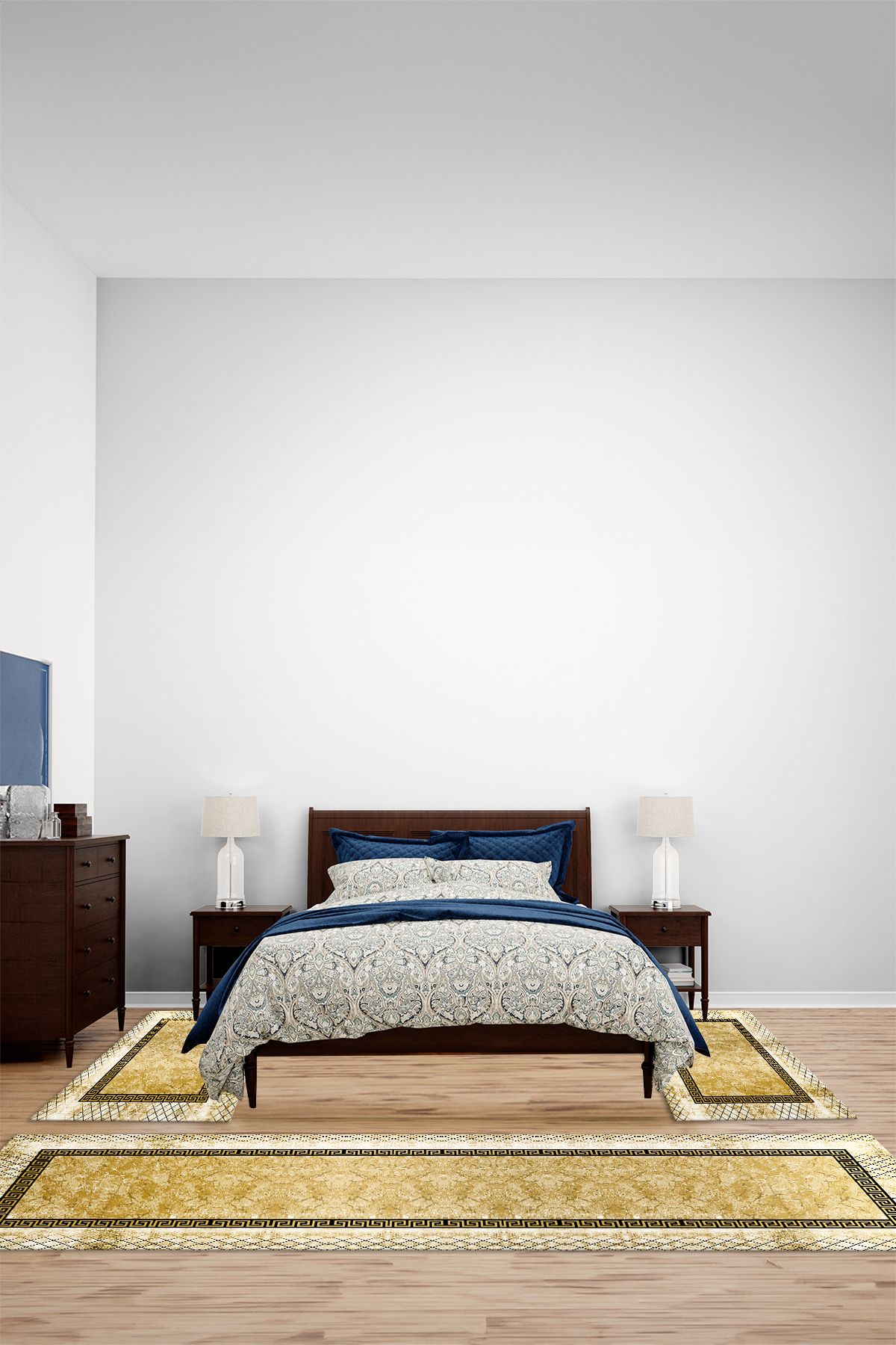 Viyana Home Dijital Kaymaz Yıkanabilir Çerçeveli Çigi Üçlü Yatak Odası Takım Halısı, YO-ÇERÇEVELİ-172-GOLD,