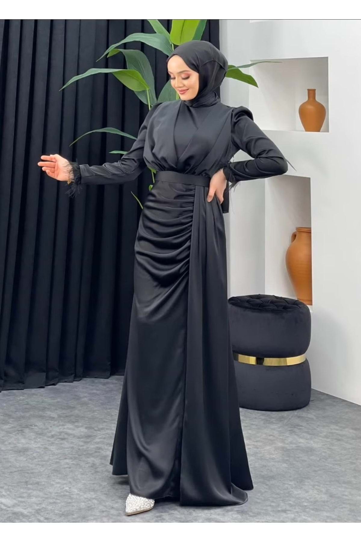 Tane 25Y4681 ABİYE SATEN BALIK MODEL KOLLARI TÜY DETAY SİYAH