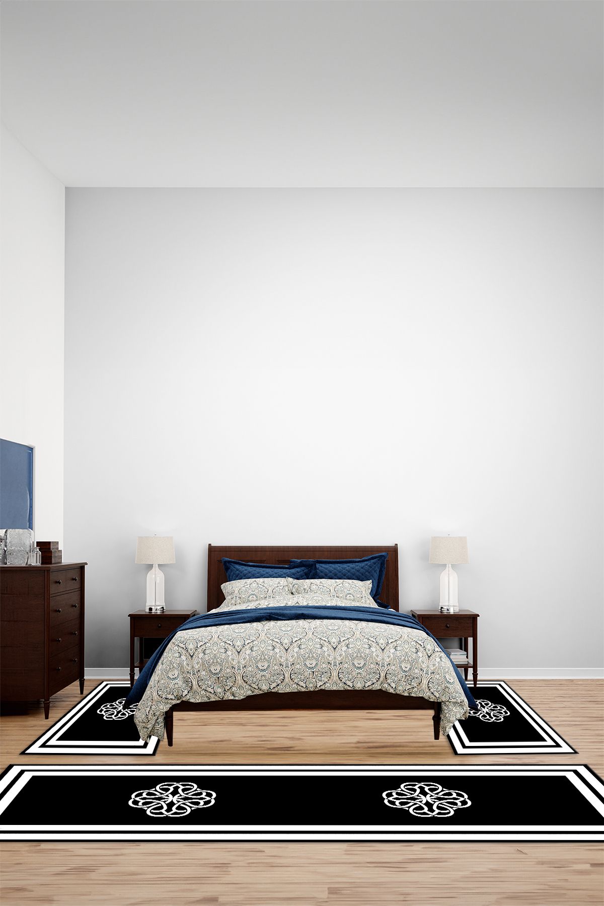 Viyana Home Dijital Kaymaz Yıkanabilir Çerçeveli Üçlü Yatak Odası Takım Halısı, YO-ÇERÇEVELİ-161-SİYAH,