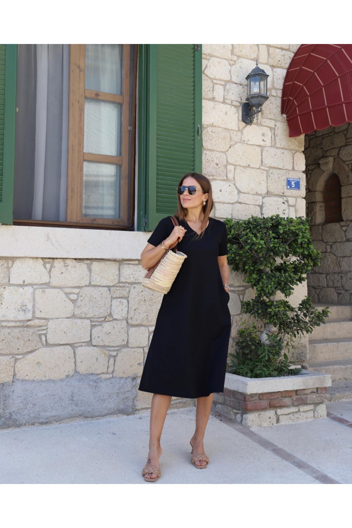 D&M Life Collection Kadın Kısa Kollu V Yaka Cepli A Kesim Detaylı Viskon Elbise - L-XL - Siyah