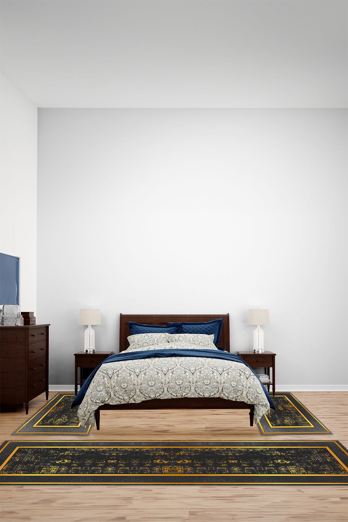Viyana Home Dijital Kaymaz Yıkanabilir Çerçeveli Göbek Üçlü Yatak Odası Takım Halısı, YO-ÇERÇEVELİ-209-GOLD,